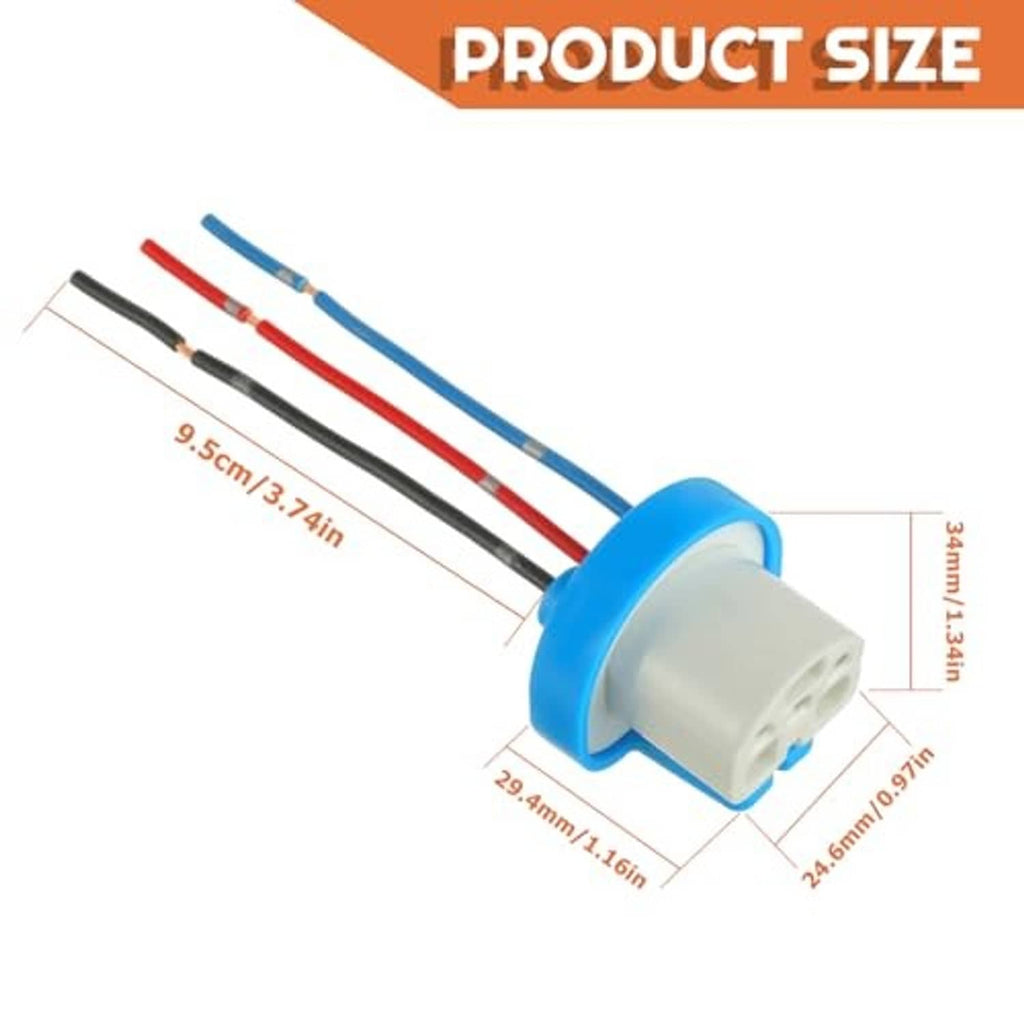 Headlight wiring harness plug with blue 3-pin connector and three color wire leads
