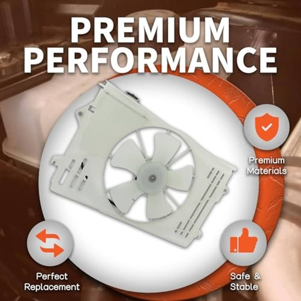 Radiator cooling fan replacement assembly with white fan blades and mounting bracket