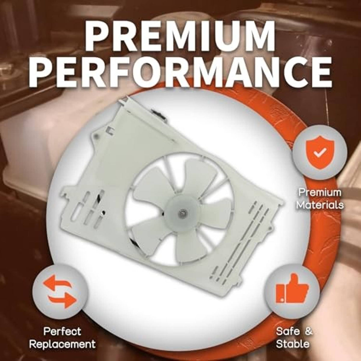 Radiator cooling fan replacement assembly with white fan blades and mounting bracket