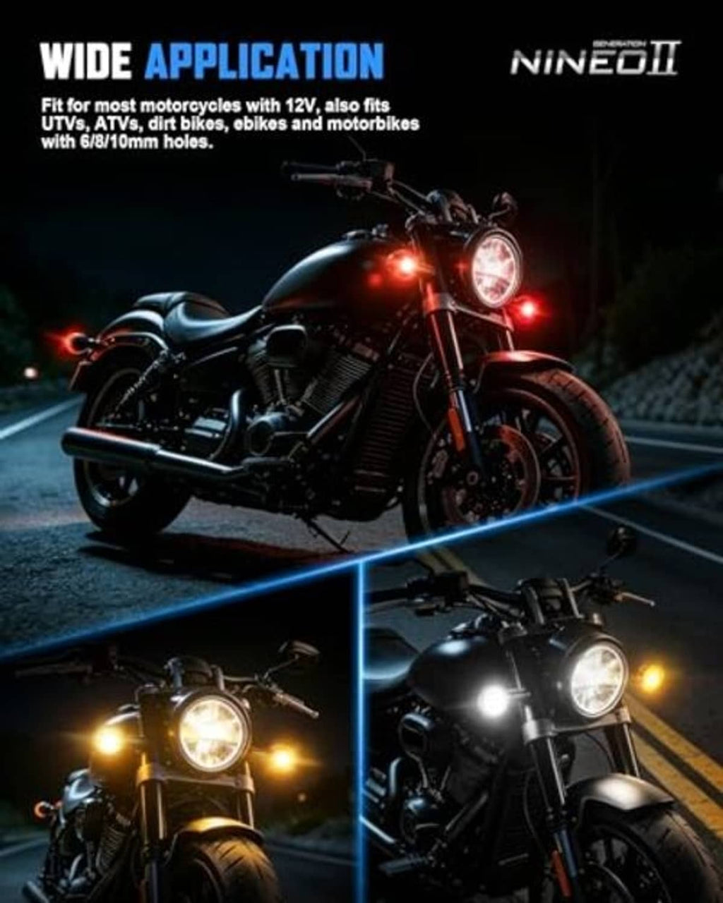 Mini LED motorcycle turn signals with amber lenses mounted on a cruiser-style motorcycle.