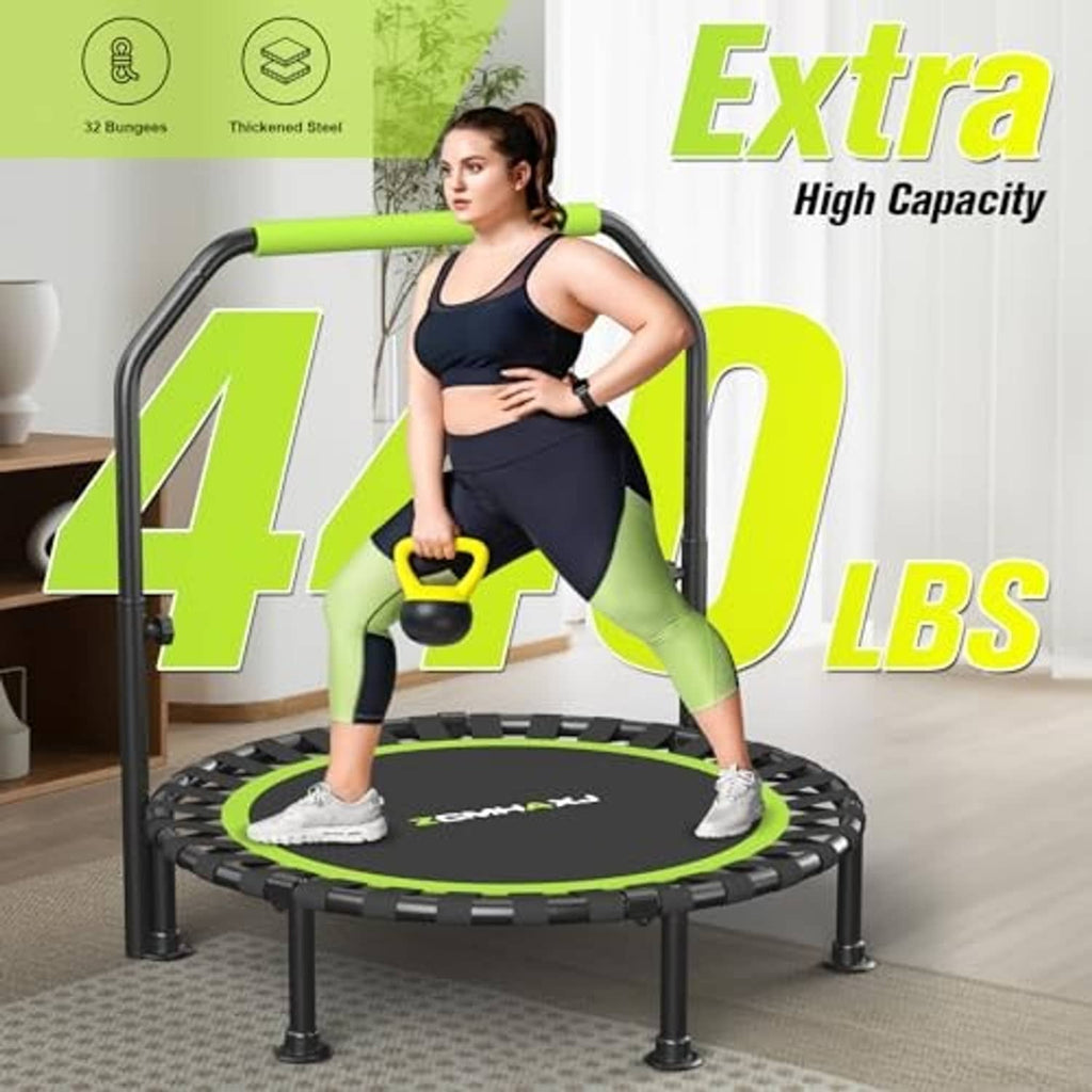 Foldable mini trampoline with black frame and green jumping mat, adult standing on top
