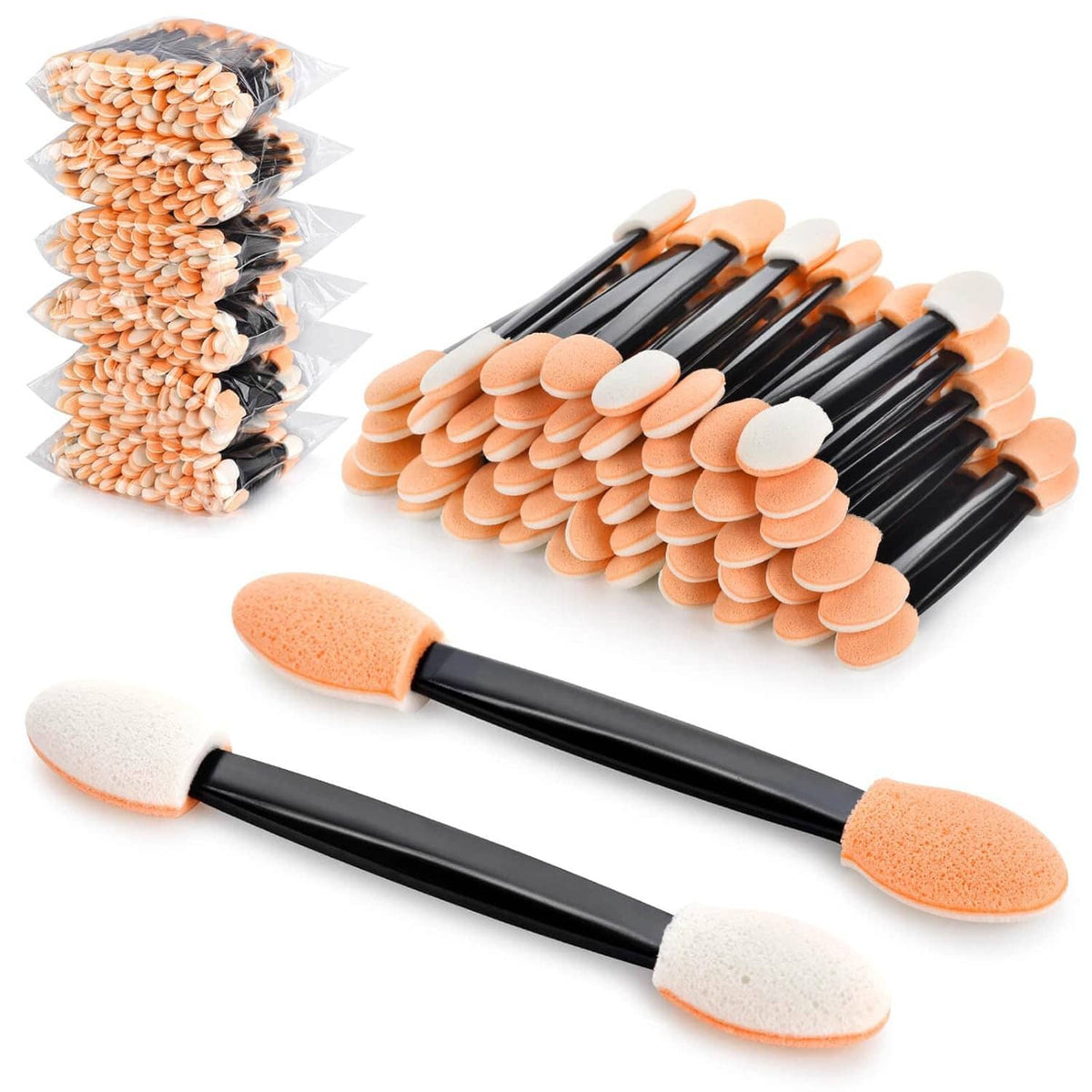 Disposable eyeshadow applicator set with black handles, dual peach and white foam tips