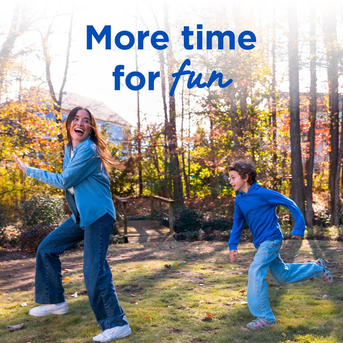 Kids playing outdoors with “More time for fun” text overlay