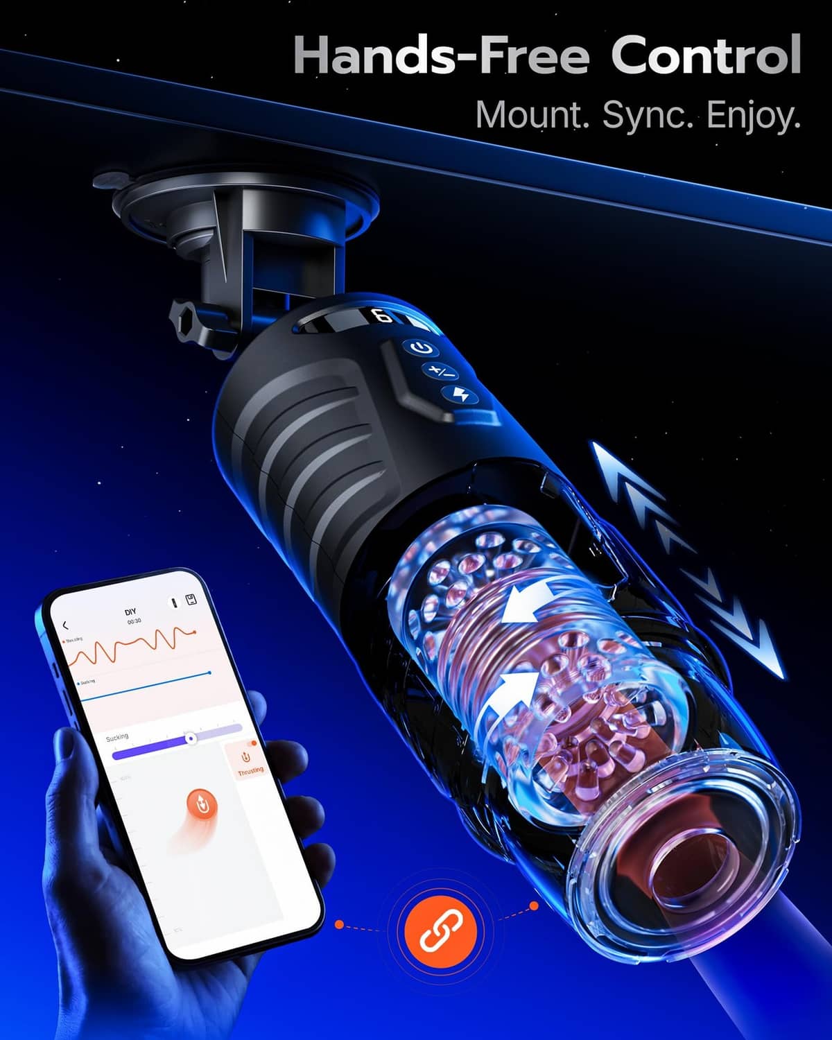 Black hands-free automatic masturbator with smartphone remote and ceiling mount