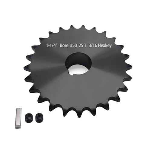 Black 25-tooth roller chain sprocket, 1-1/4 in bore, set screws and key included