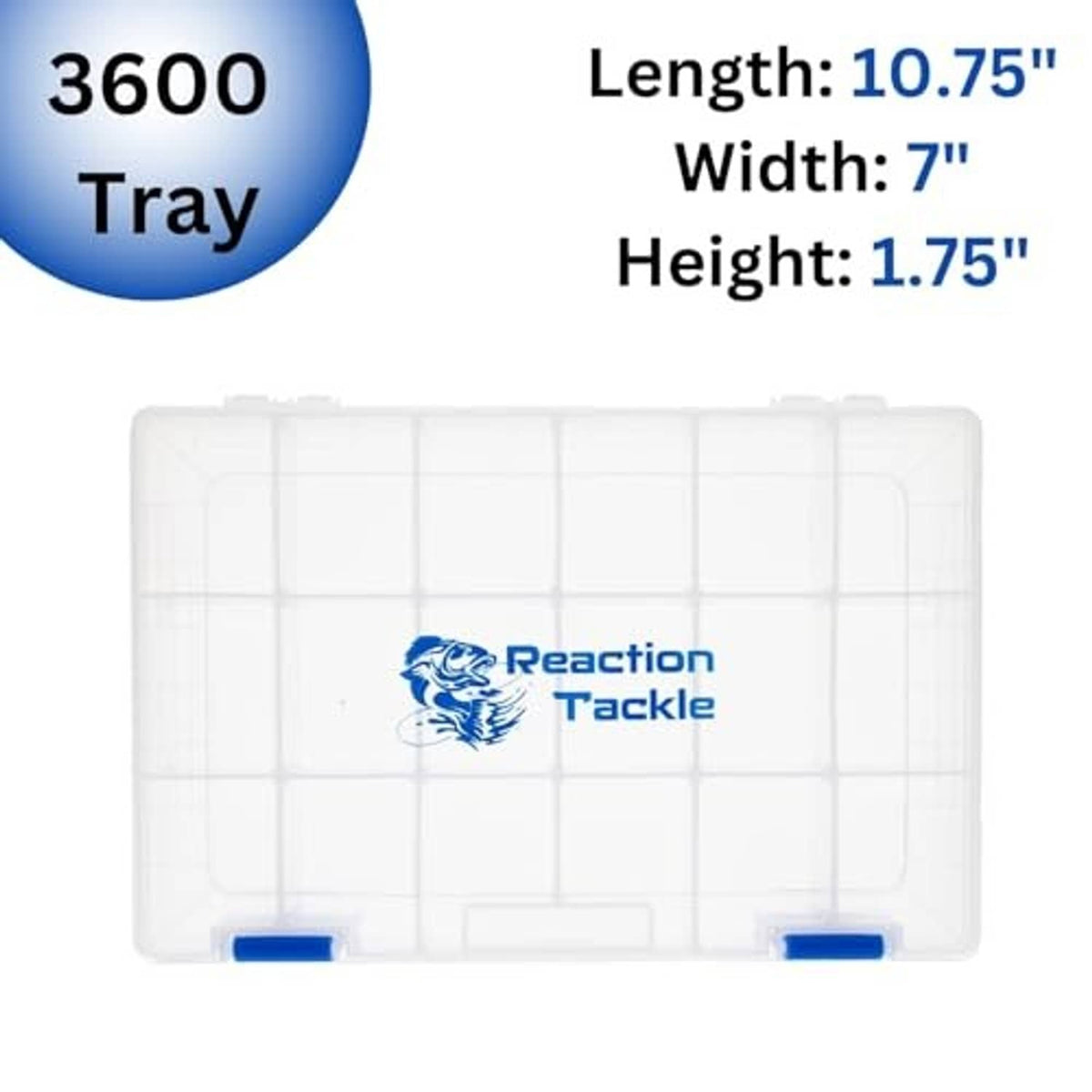 Clear 3600-size tackle tray with grid compartments and blue latch ends (10.75 in)