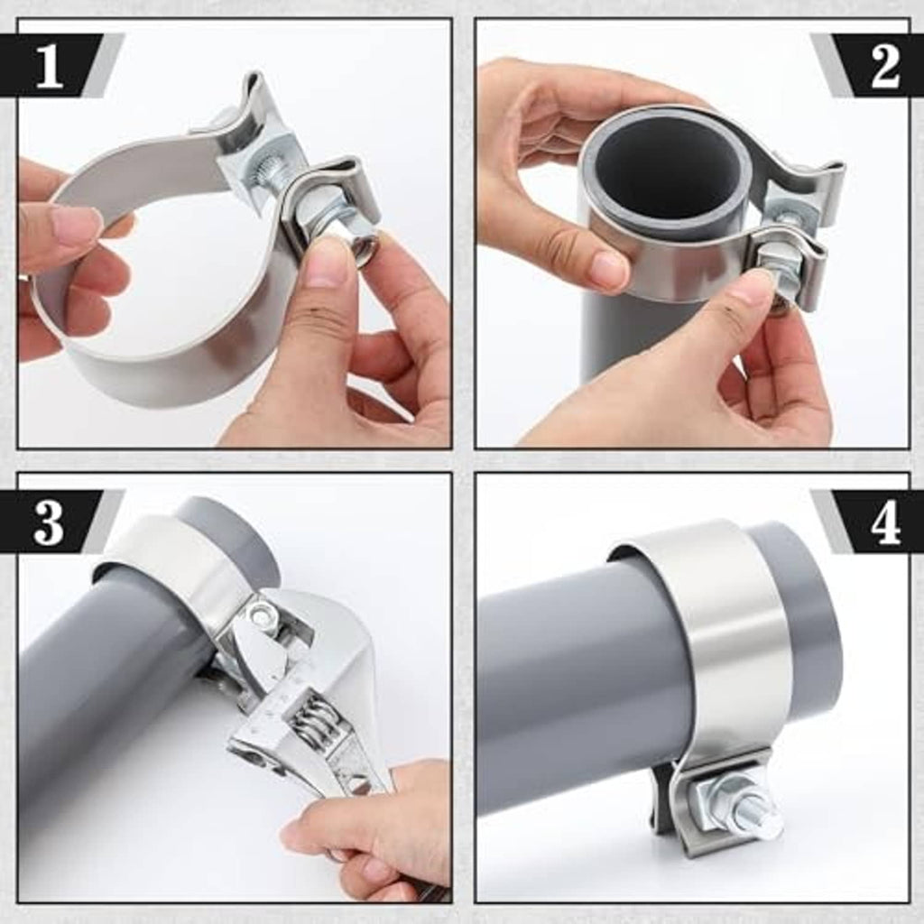 Step-by-step images of installing a stainless muffler clamp on a pipe