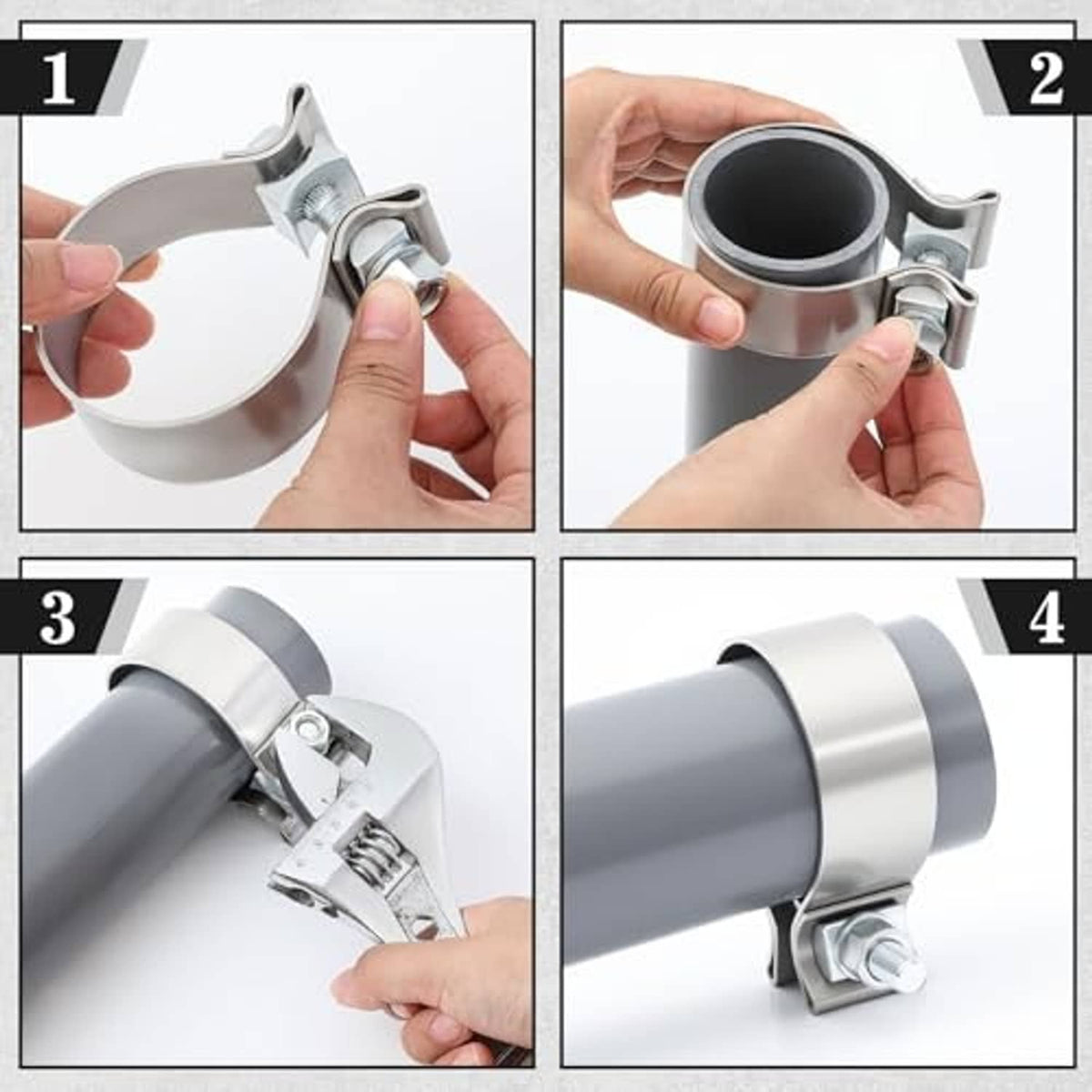 Step-by-step images of installing a stainless muffler clamp on a pipe
