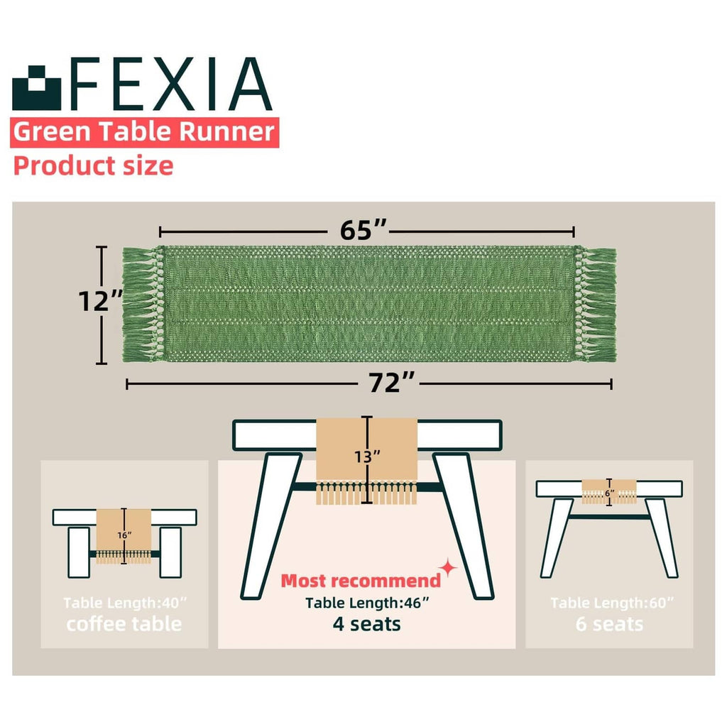 Green table runner with tassels, size layout shown at 72 x 12 in.