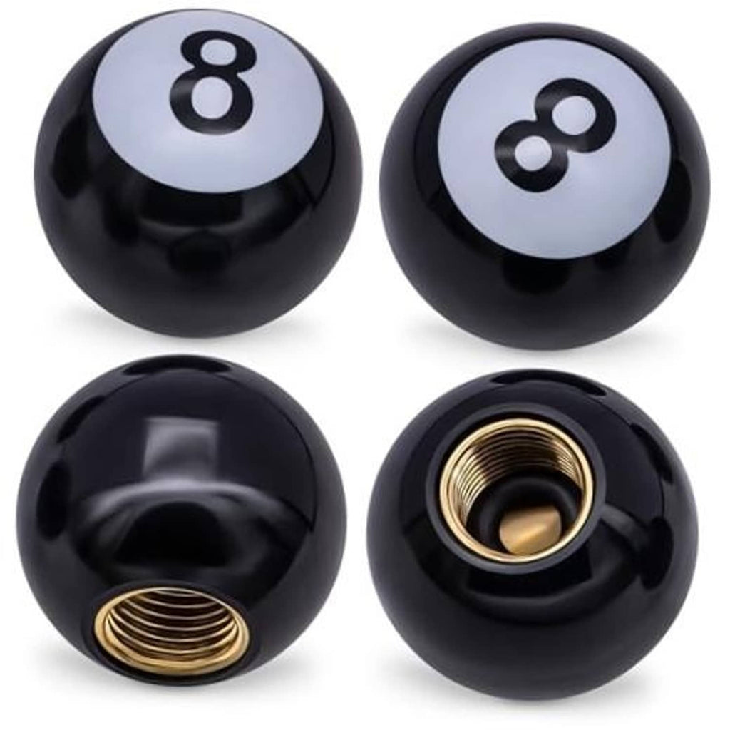 Black 8-ball tire valve caps, close-up front and back with 8 icon