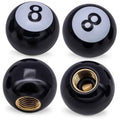 Black 8-ball tire valve caps, close-up front and back with 8 icon
