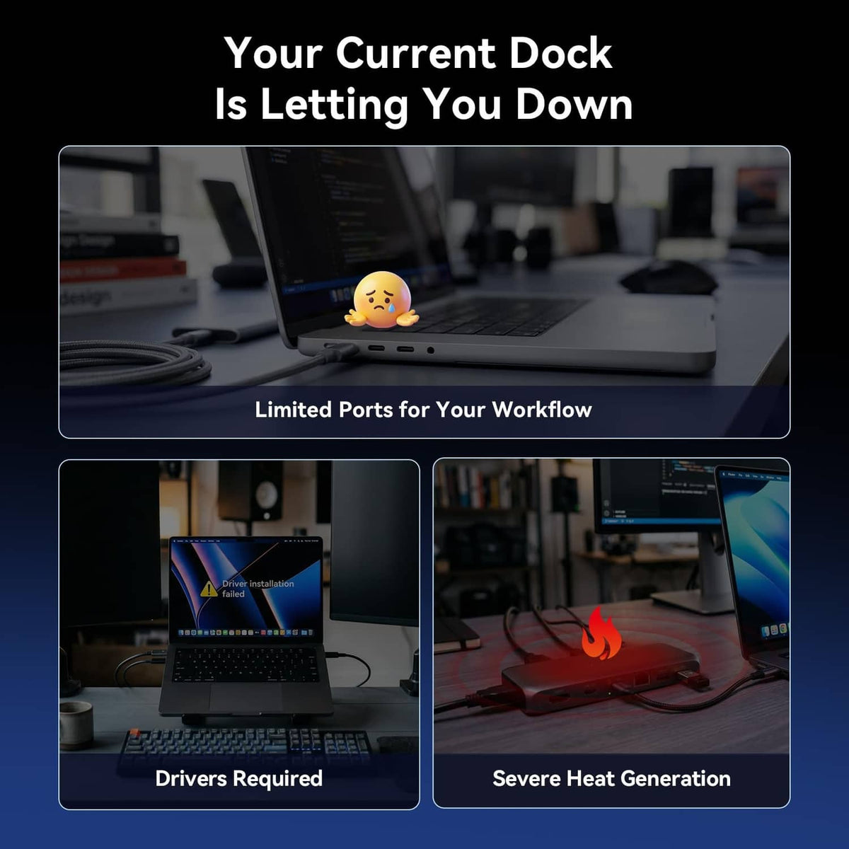 Grey USB-C docking station placed next to a laptop, with ports visible