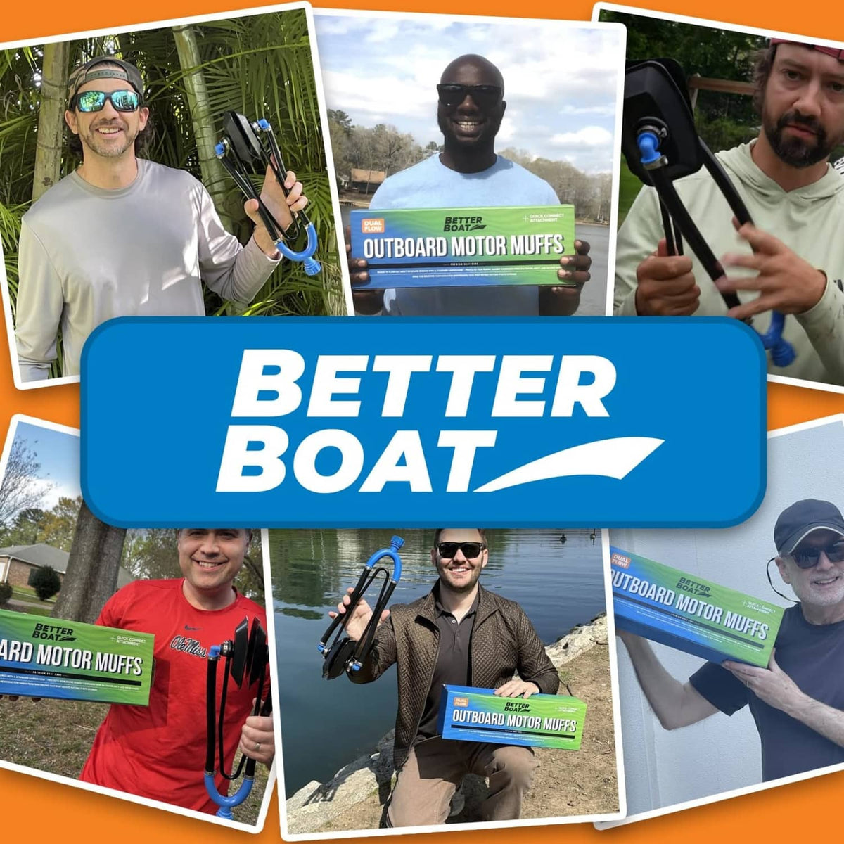 Better Boat dual-flow outboard motor flush muffs shown with product in hand