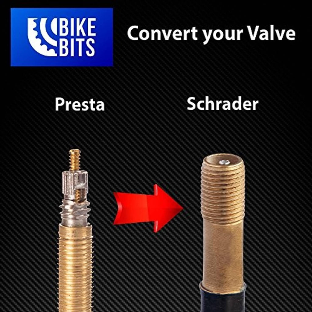 Brass valve adapter converting Presta-style valve threads to Schrader-style threads