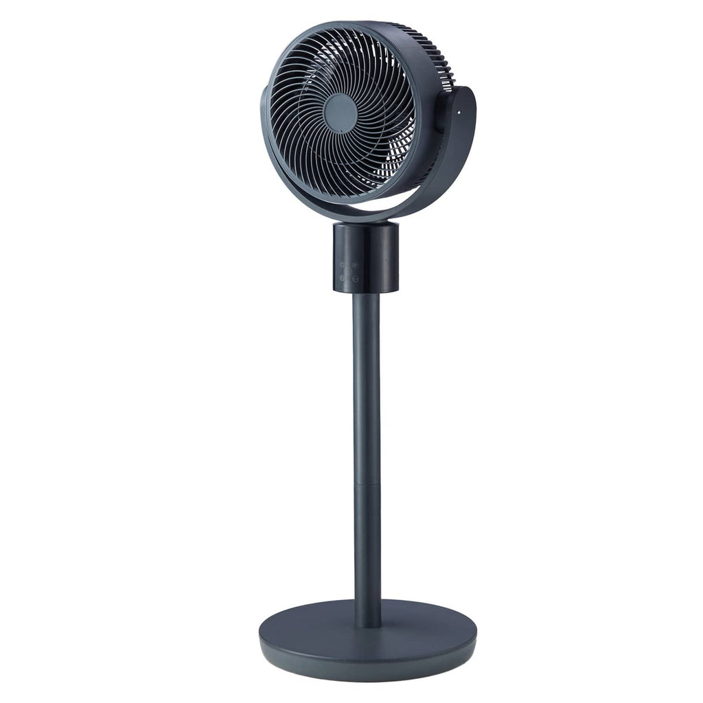 Pedestal fan front view with dark grille and adjustable head on stand