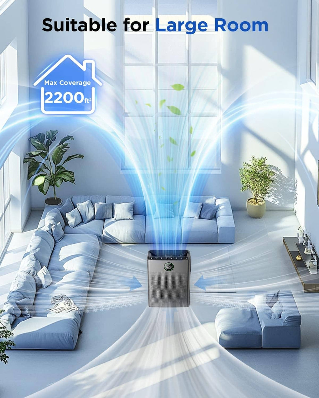 Grey MOOKA air purifier on the floor with top control panel