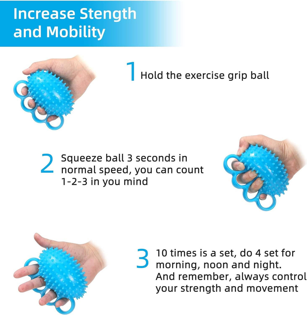 Blue spiky finger therapy grip ball with 5 finger loops, squeezing in hand
