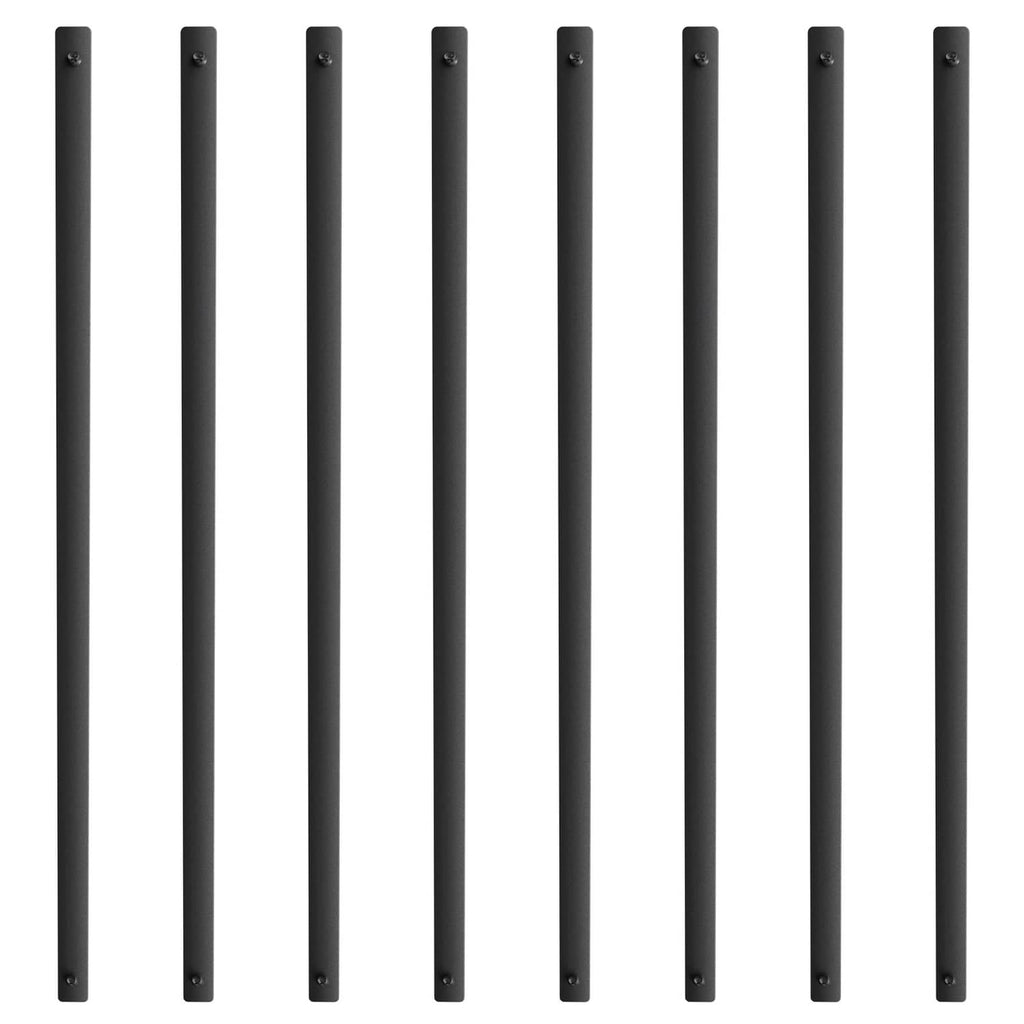 Black aluminum deck balusters with flat top and bottom, screw-mount holes
