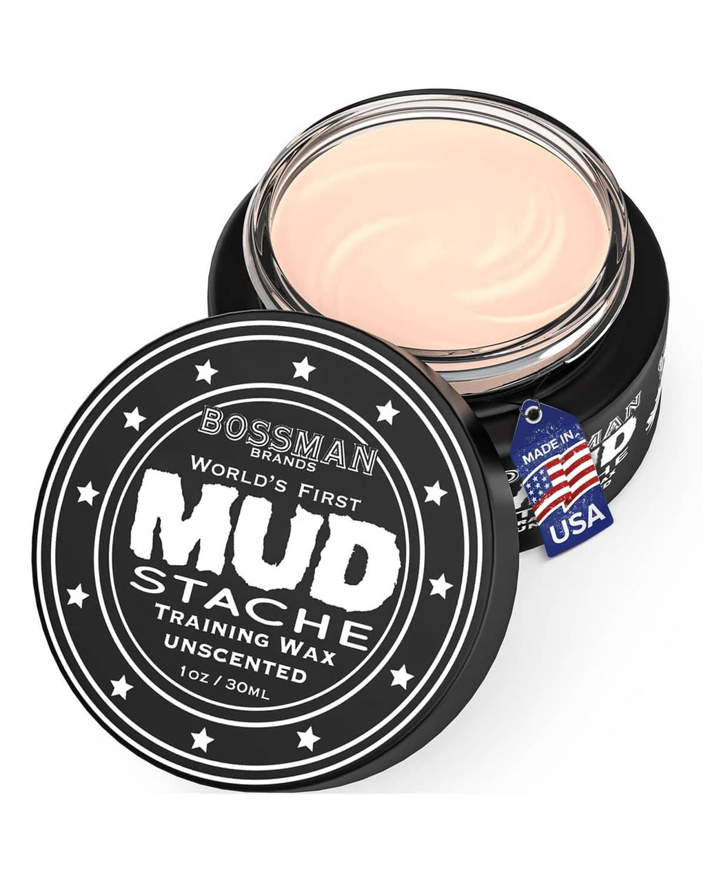 Bossman Mudstache mustache wax jar with open lid and smooth beige balm