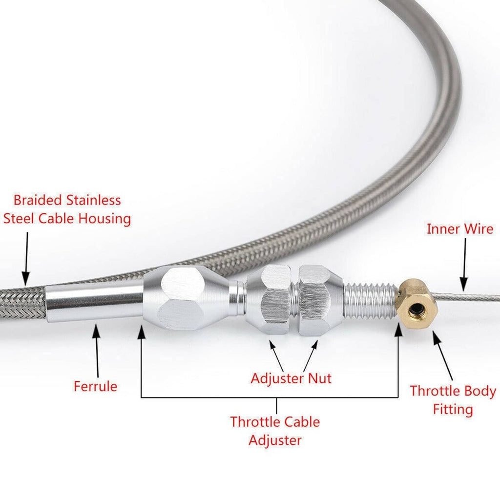 Braided stainless throttle cable showing inner wire, ferrule, adjuster nut, and fitting