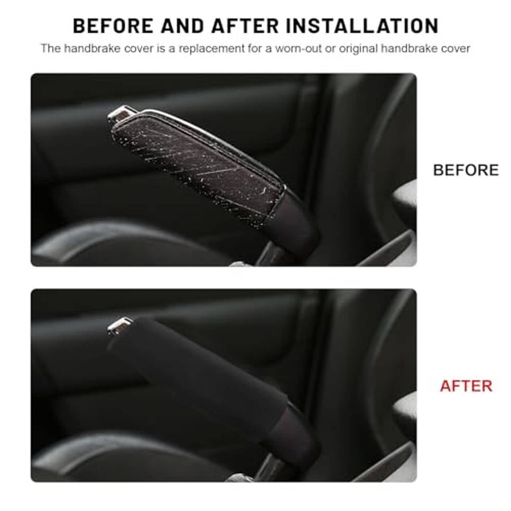 Black handbrake cover installed on car lever, smooth protective grip