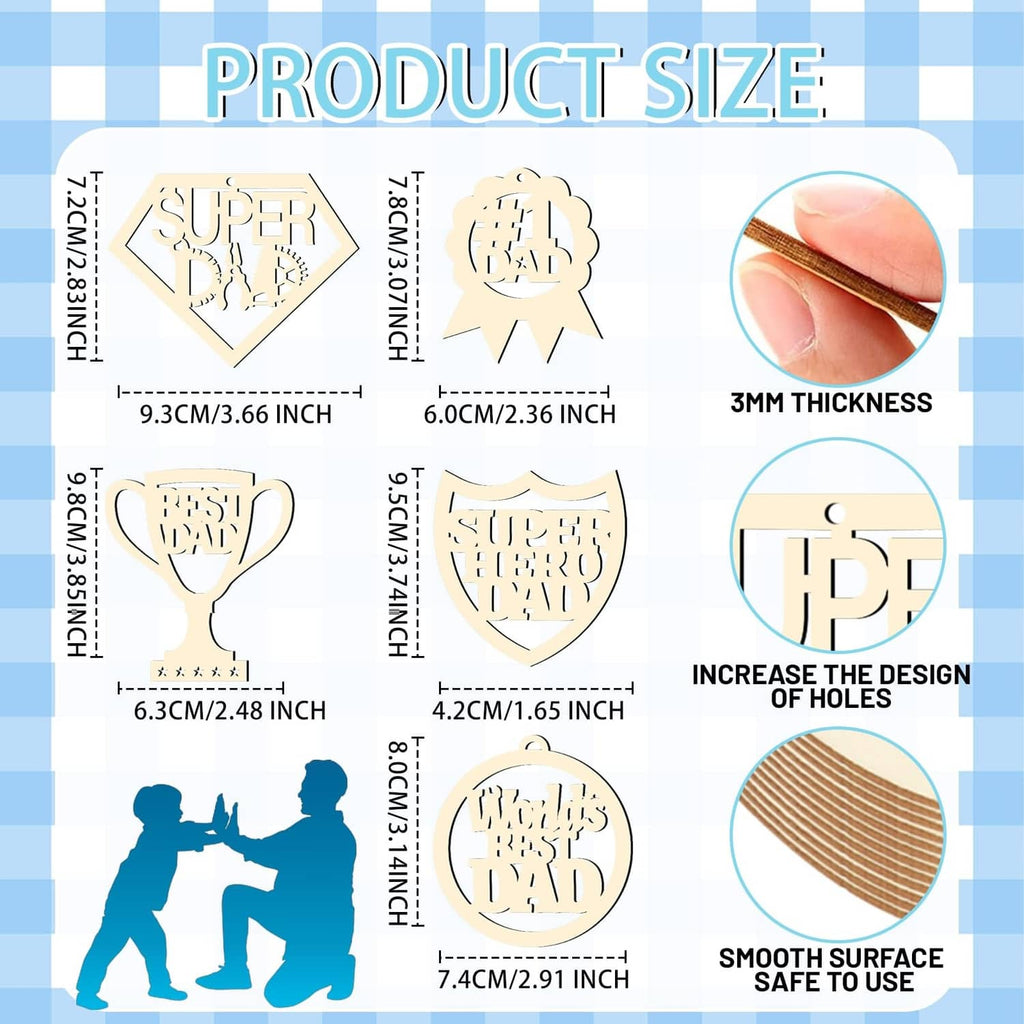 Unfinished wooden Father’s Day ornament sizes, 3mm thickness with hole for string
