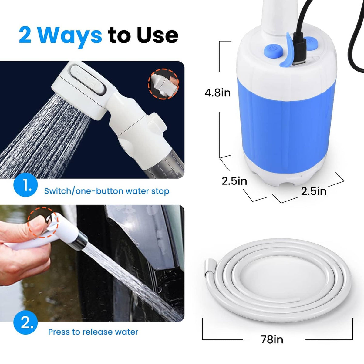 Portable shower pump with blue tank, one-button stop, and 78in hose