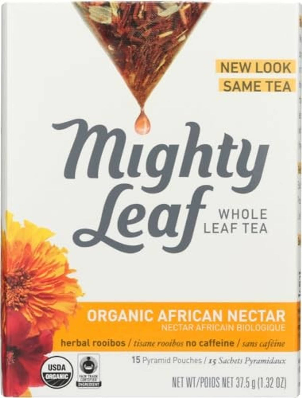 Herbal rooibos tea box with pyramid pouch pack, orange flower graphic, organic label