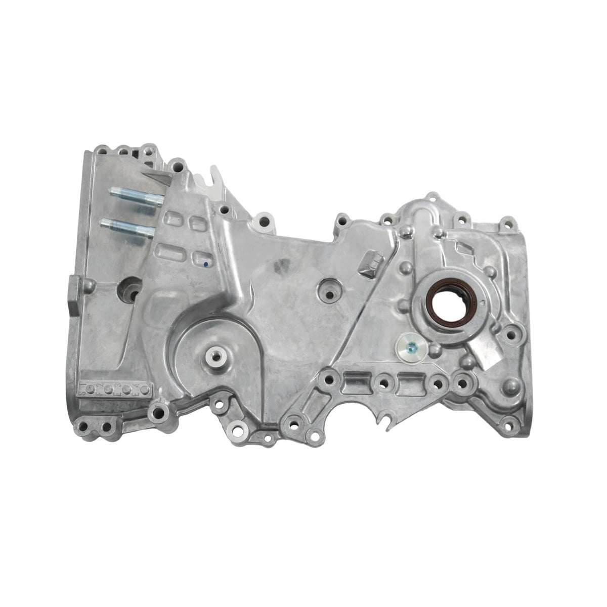 Timing cover oil pump housing, silver metal with side mounting points and round port