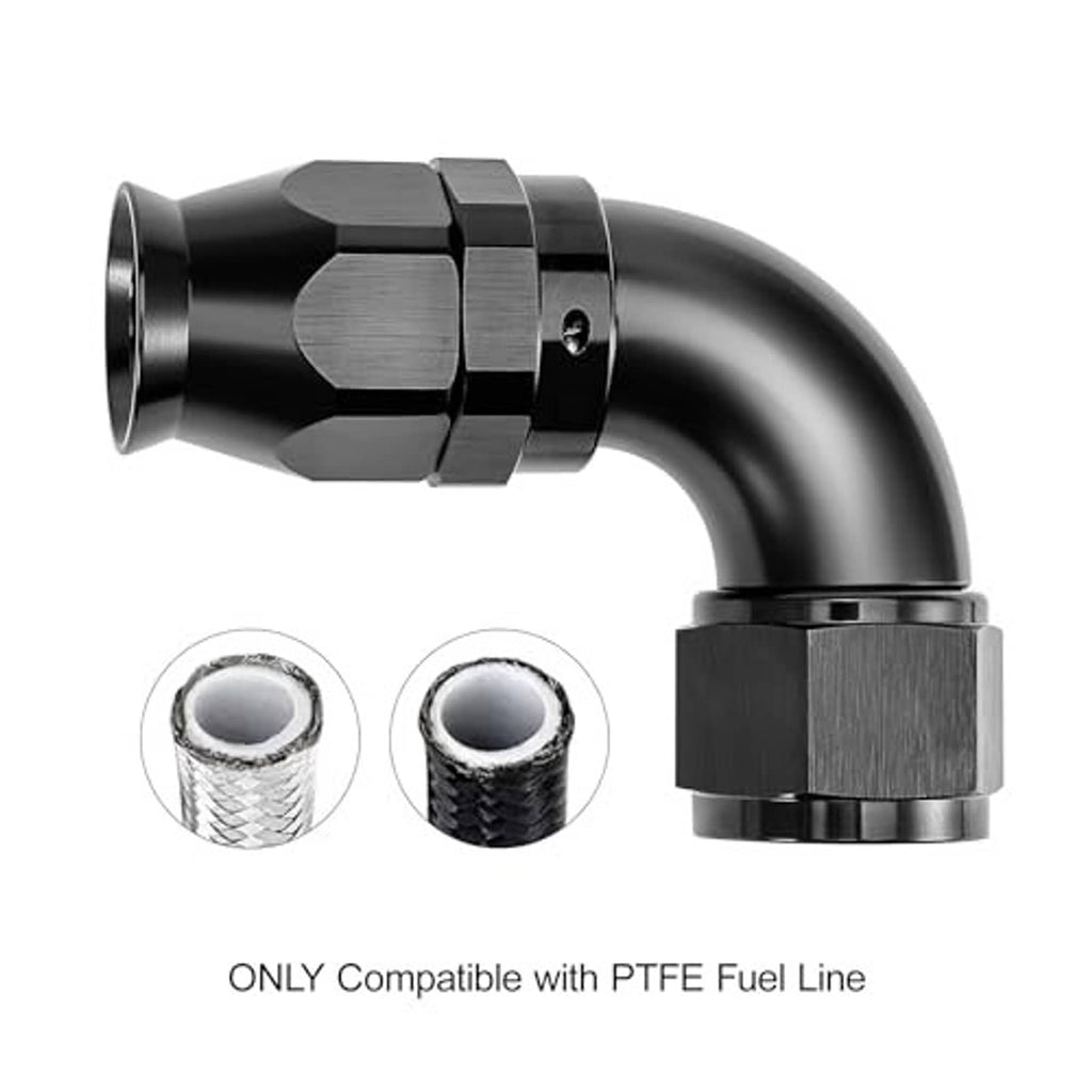 Black 90-degree AN fitting with two sealing washers and hex coupler on curved elbow