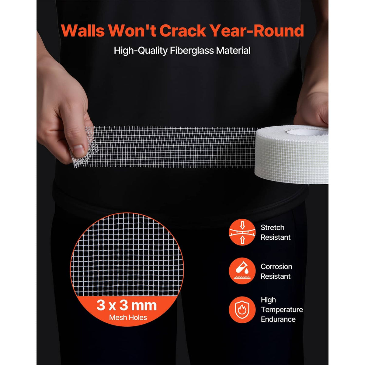 White fiberglass mesh tape strip on a roll for drywall joint repair