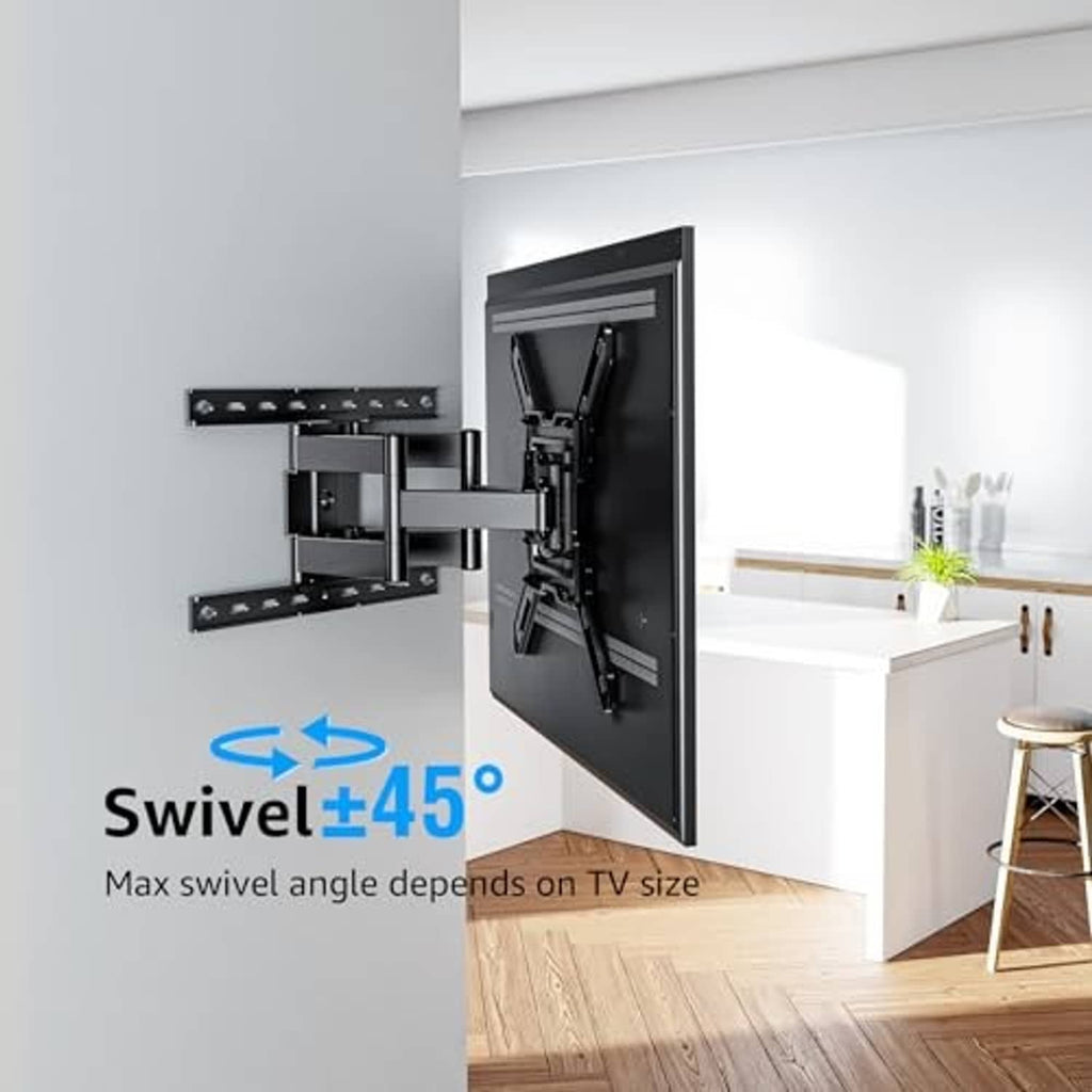 Full-motion TV wall mount bracket in black with swivel mechanism extended