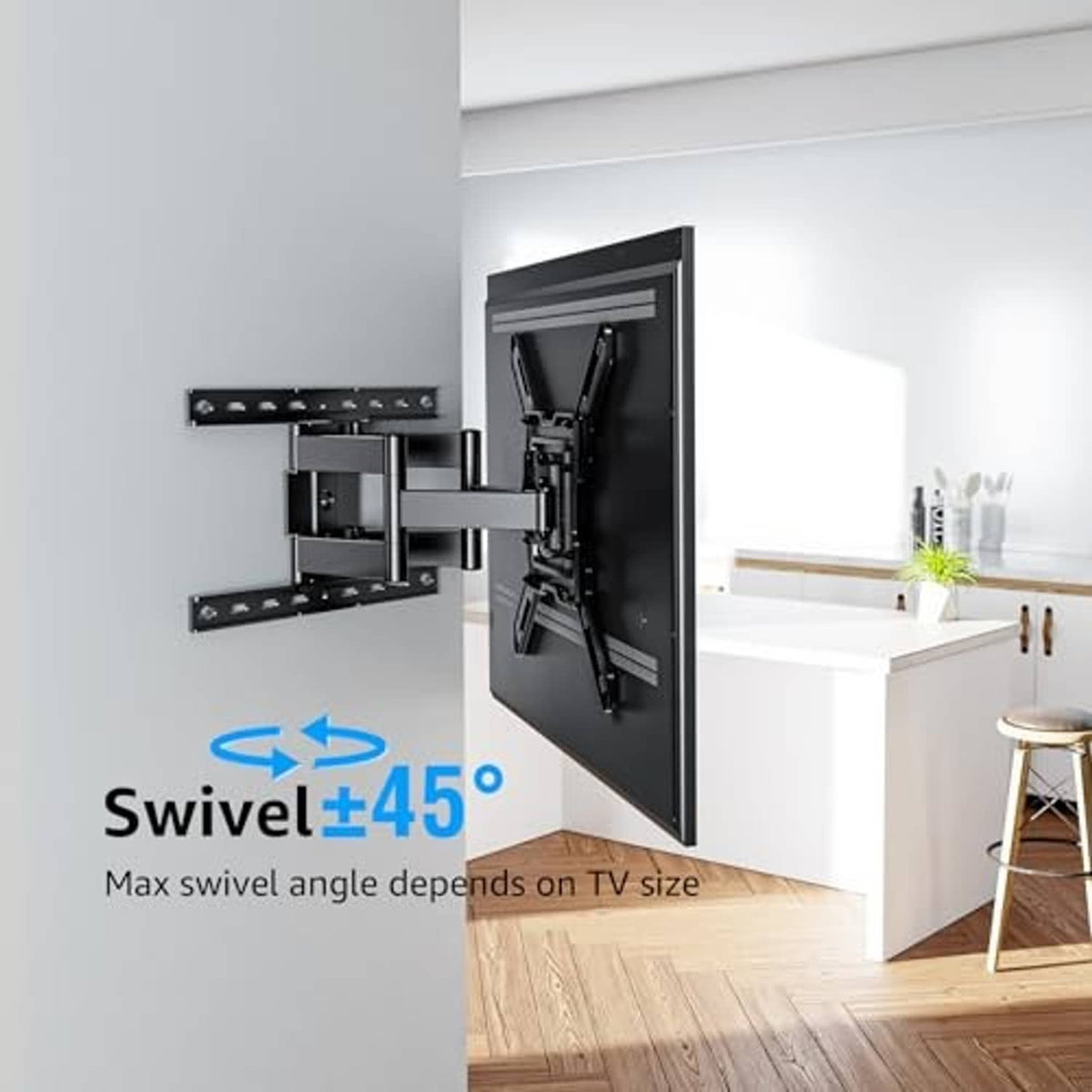 Full-motion TV wall mount bracket in black with swivel mechanism extended