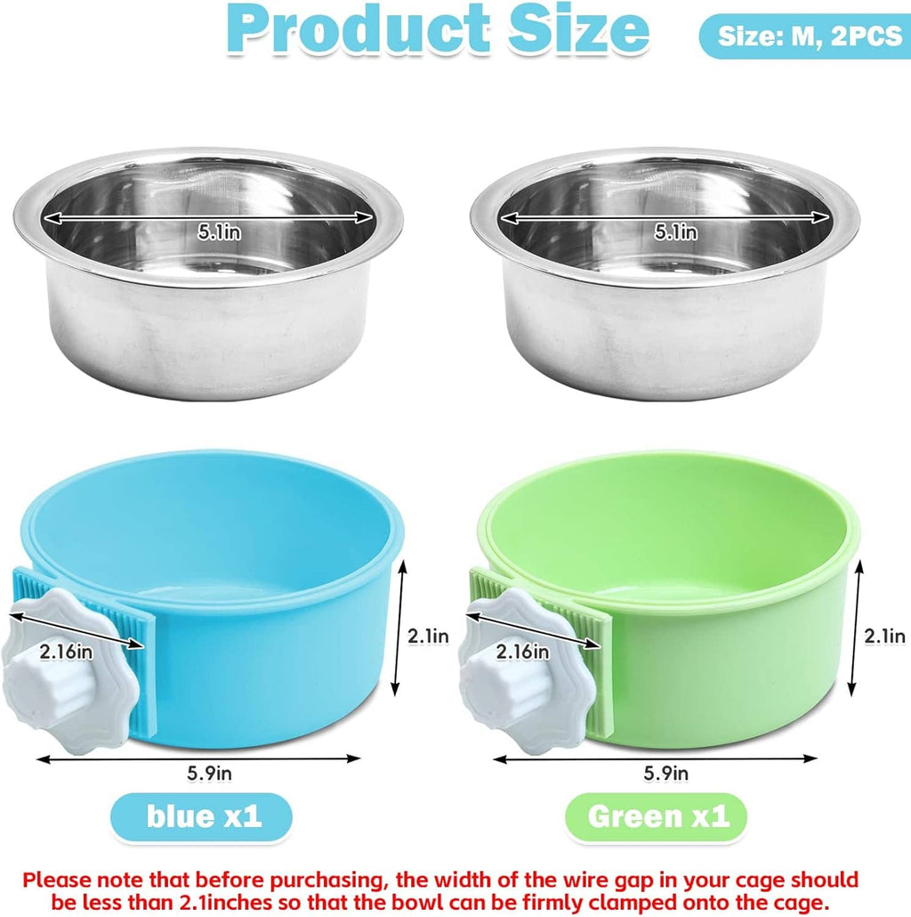Two stainless steel pet bowls with blue and green plastic hanging mounts, 5.9 in