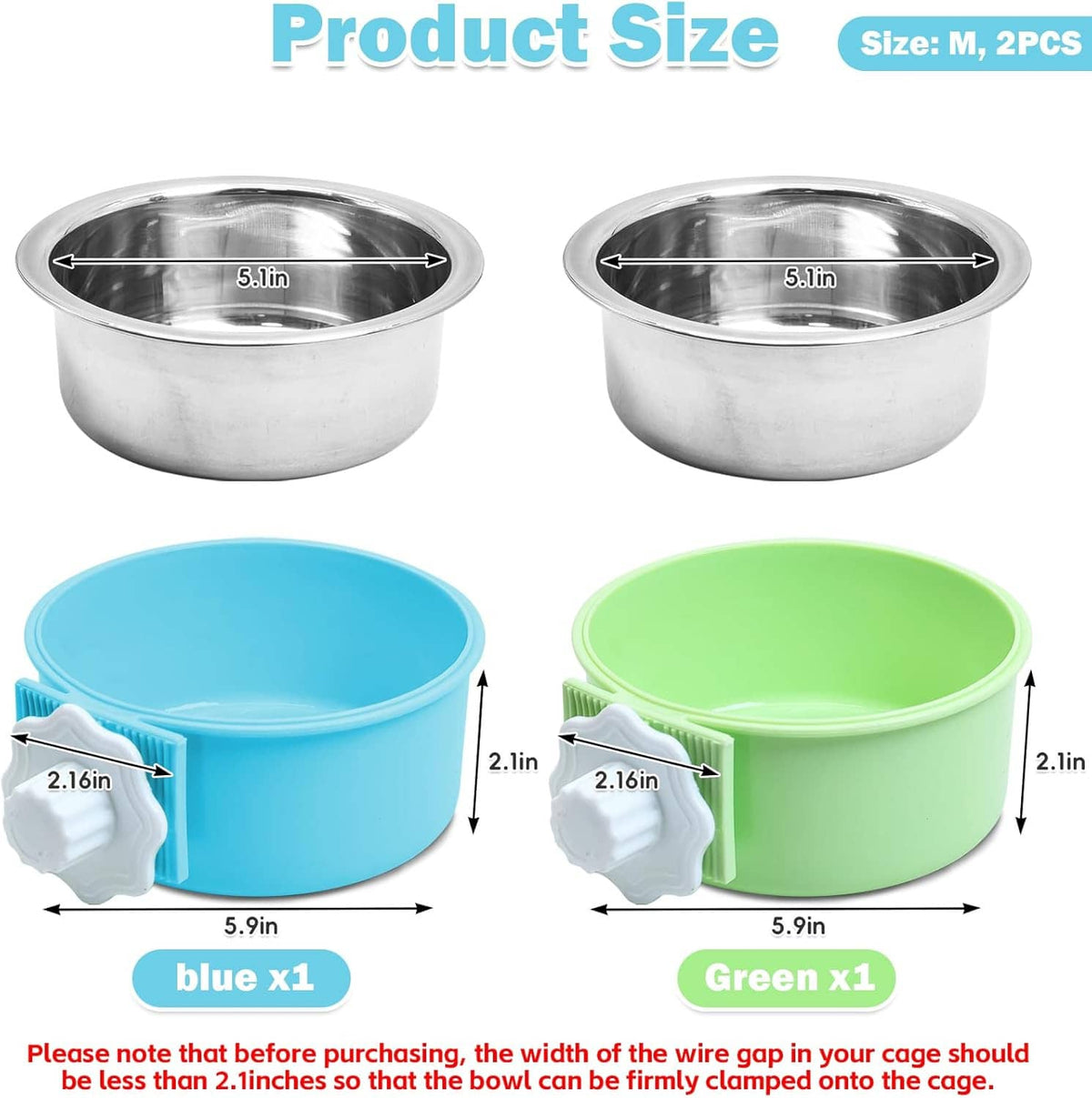 Two stainless steel pet bowls with blue and green plastic hanging mounts, 5.9 in