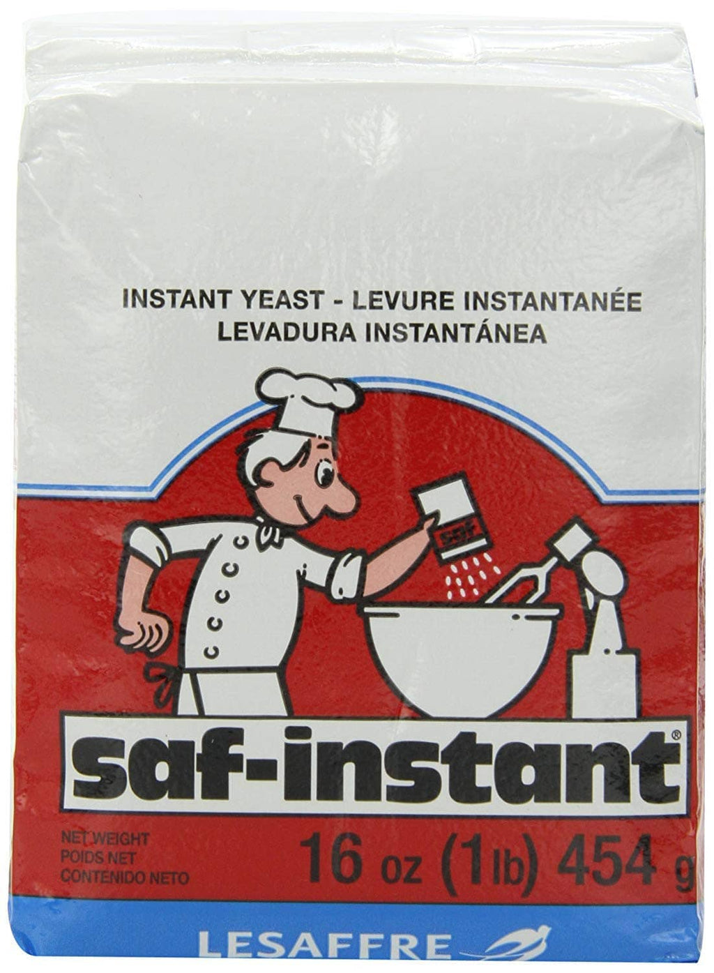 Saf-instant instant yeast 16 oz pouch with chef mascot and blue red graphic.