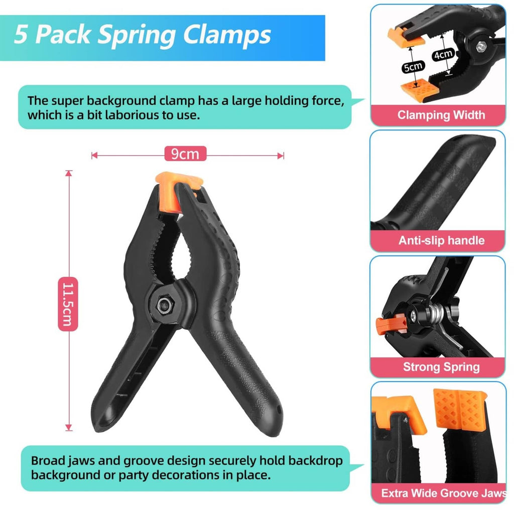 5-pack spring clamps for green screen with wide jaws and anti-slip handle