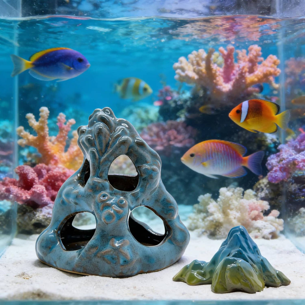 Blue ceramic cave and green ceramic mountain hideouts in an aquarium setting