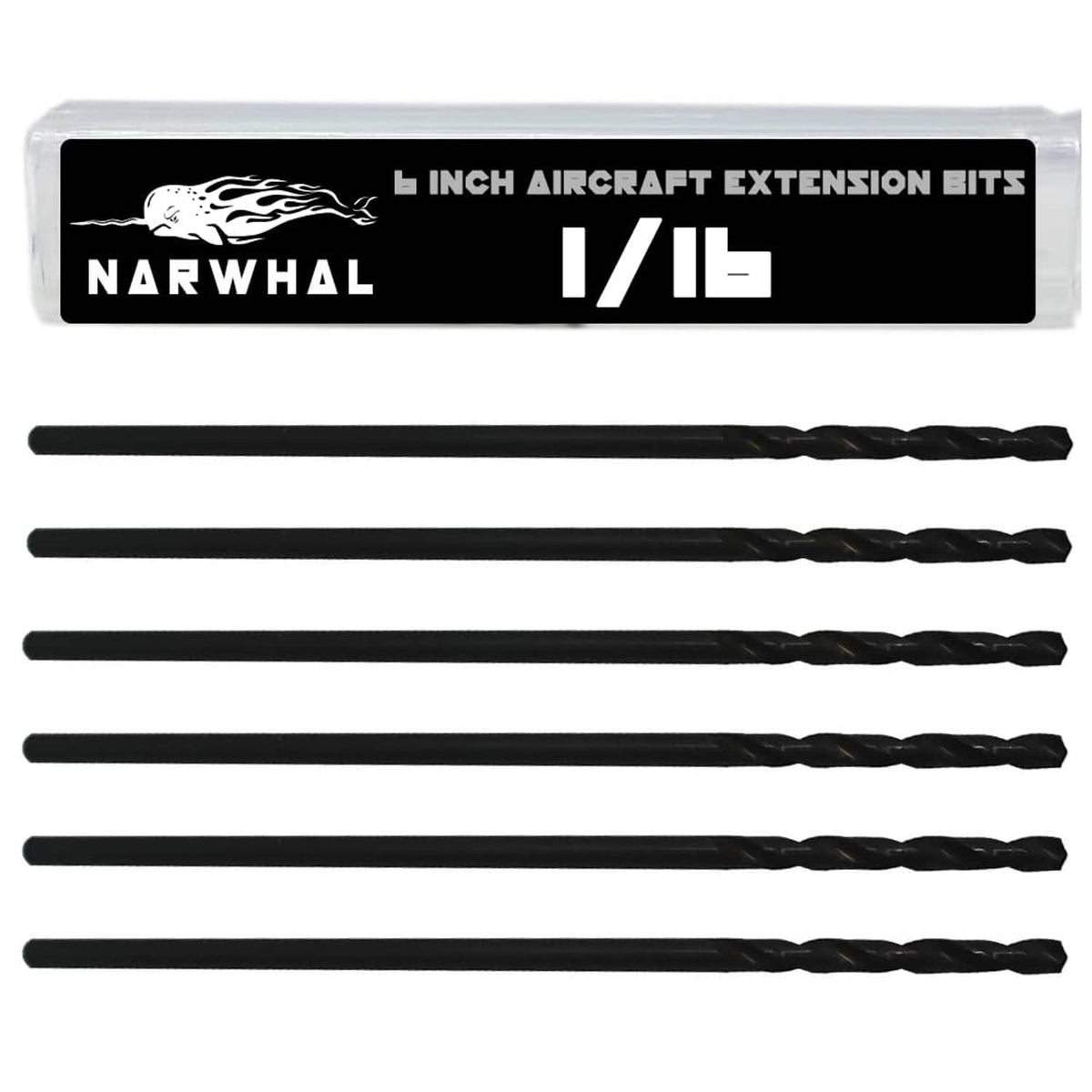 Narwhal 1/16 in x 6 in aircraft drill bits, black, twisted flutes (6-pack)