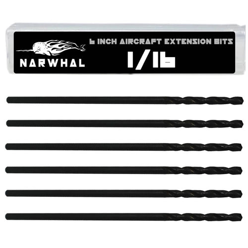 Narwhal 1/16 in x 6 in aircraft drill bits, black, twisted flutes (6-pack)