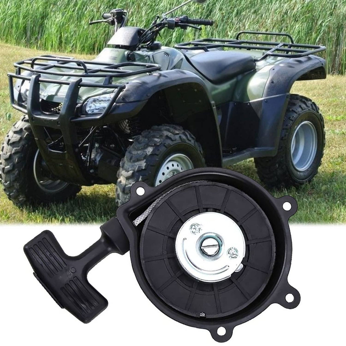 Black recoil pull starter with round rewind cover and pull handle for ATV engines