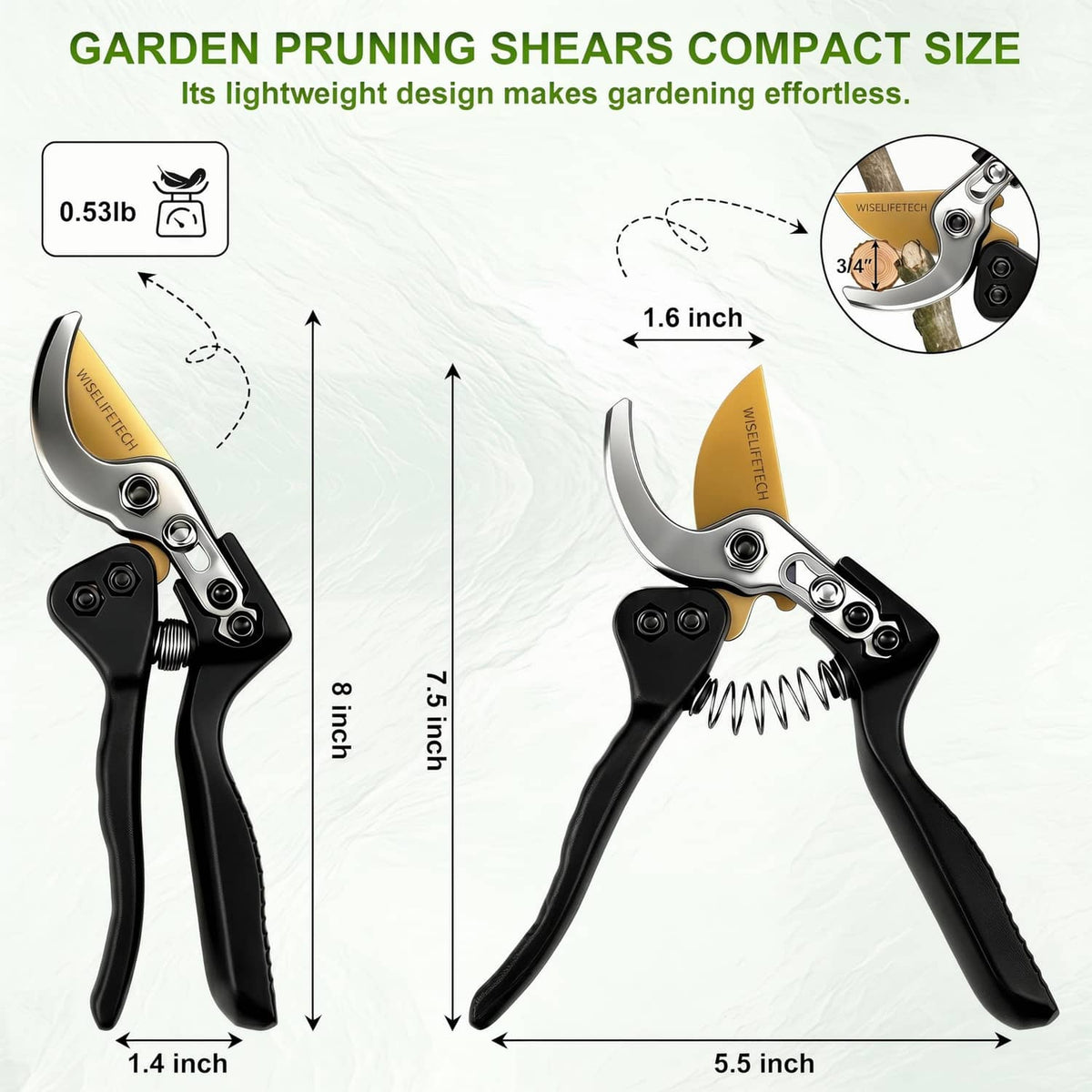 Compact bypass pruning shears with black handles and silver blade, side view