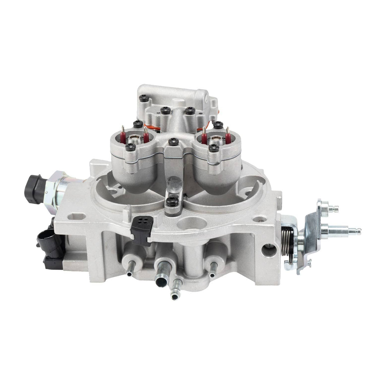 Throttle body assembly with silver metal casing and mounted sensor ports