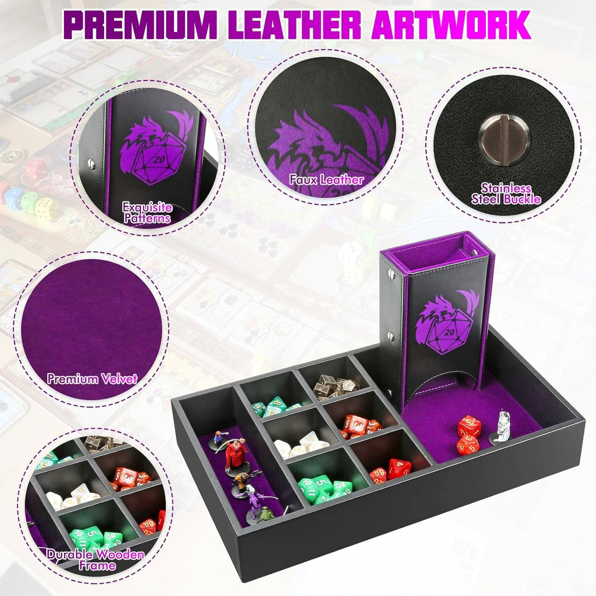 Open dice tray and tower storage box with purple velvet insert and textured faux-leather