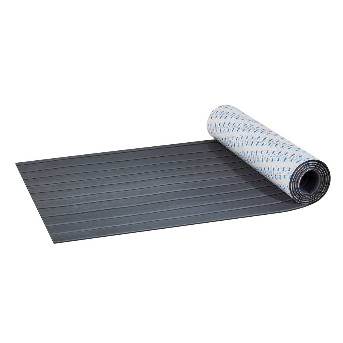 Dark gray textured EVA deck sheet with rolled blue-and-white backing