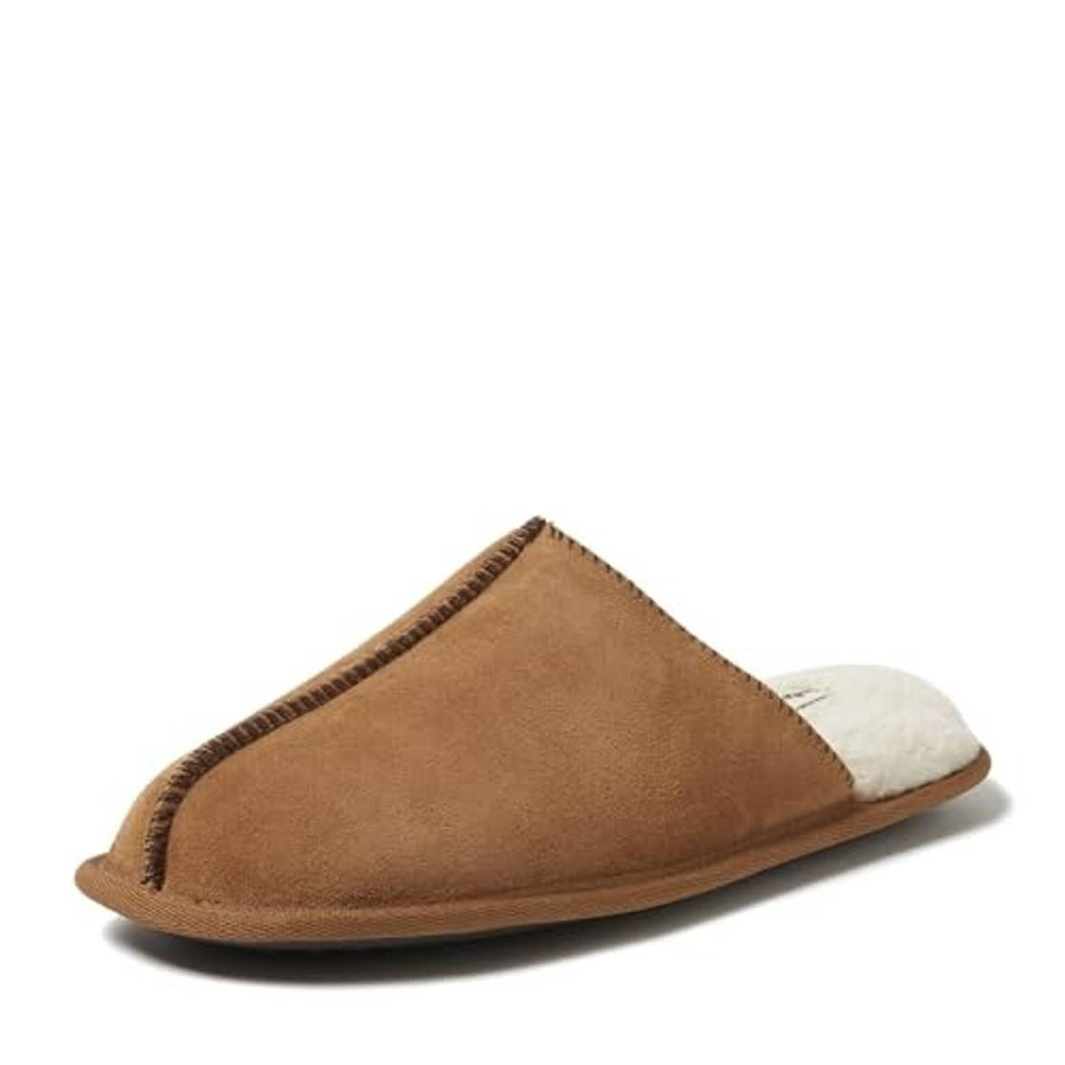 Chestnut suede scuff slipper with plush white inner lining and low profile sole