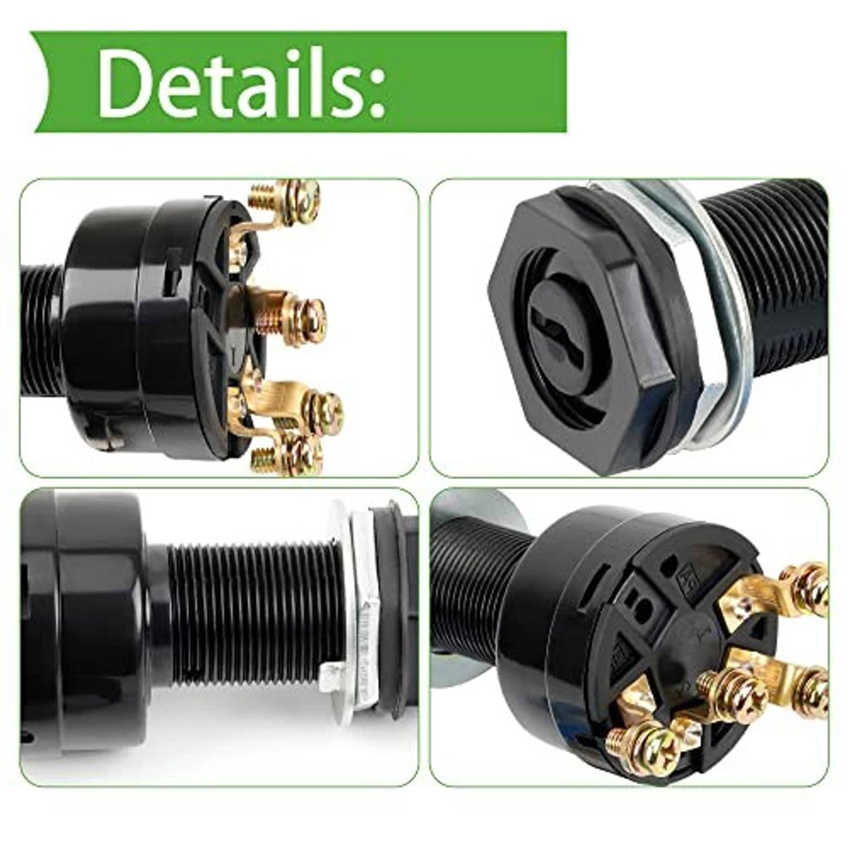 12V ignition key switch close-up with brass terminals and textured black connector body