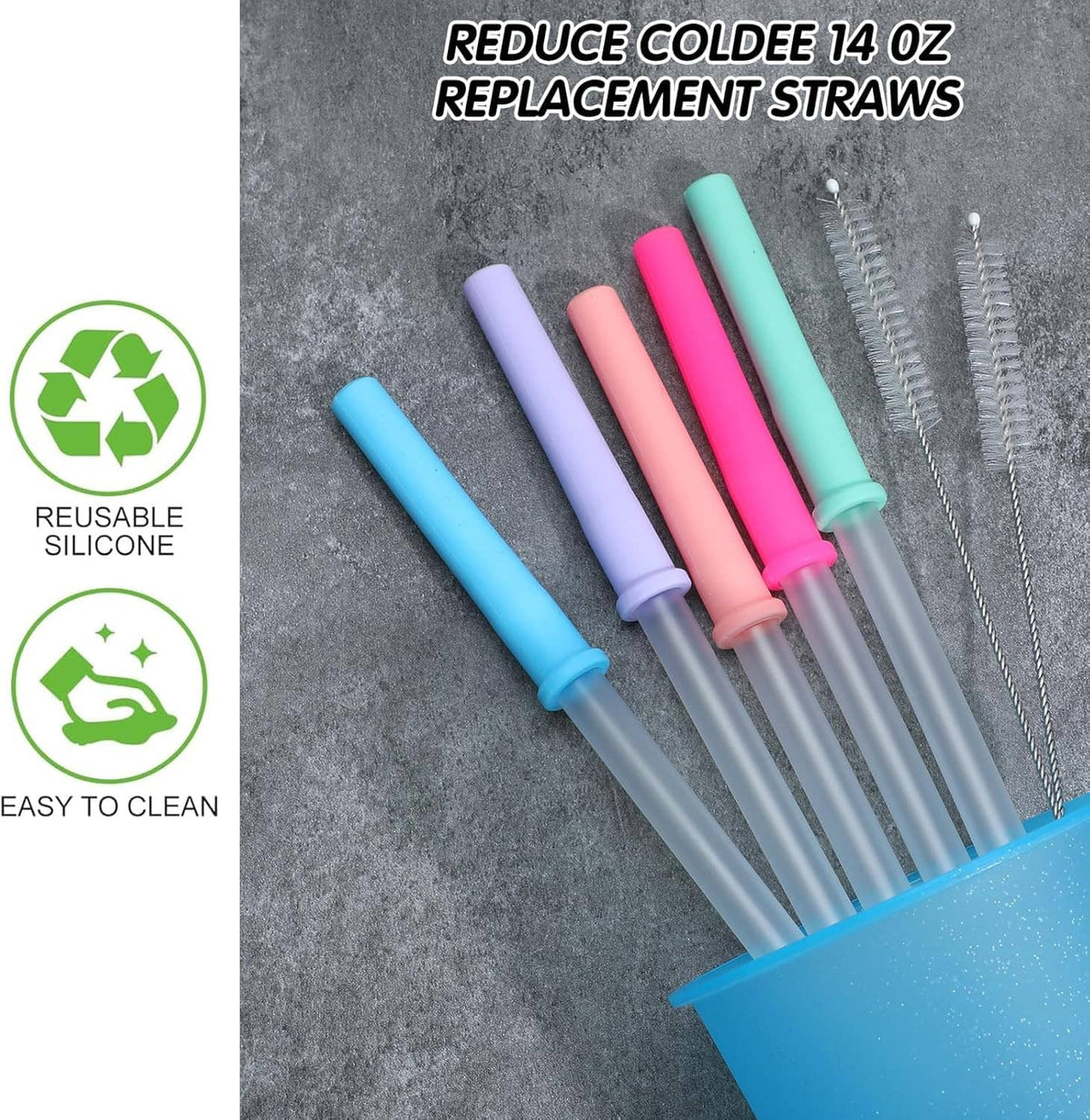 Reusable tumbler straw replacement set with colorful silicone straws and cleaning brush