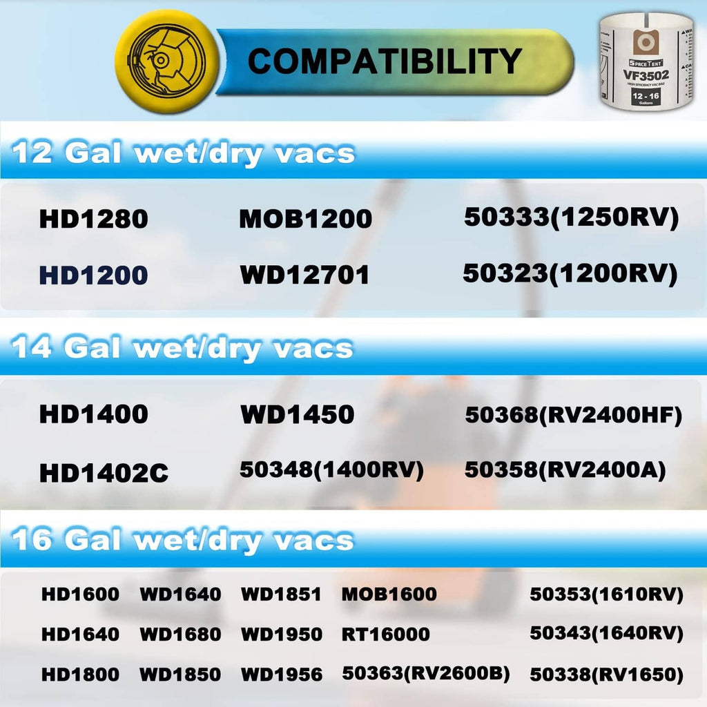 Compatibility list for VF3502 vacuum bags: 12 gal and 14/16 gal wet/dry vac models