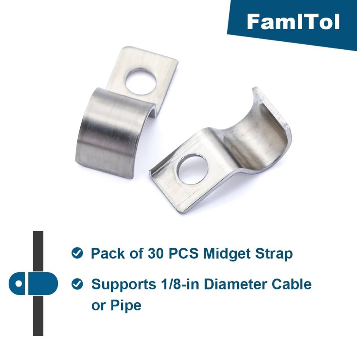 One-hole pipe clamps set of two, silver metal straps with round mounting holes